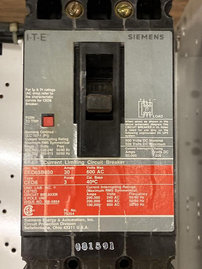 Used ITE Siemens,Model 95 36-89033,30 Amps Size 1 18 INCH Dual Disconnect Bucket