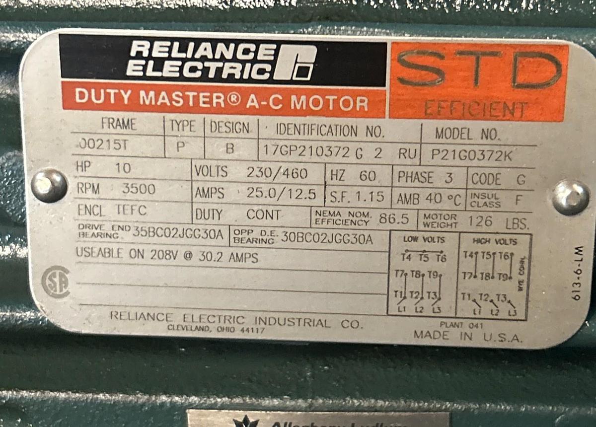 Used RELIANCE,P21G0372K,AC MOTOR 10HP 3500RPM 230/460V 3PH 215T FRAME