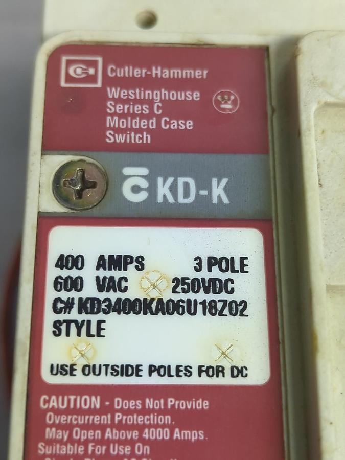 Used CUTLER HAMMER,KD-K MOLDED CASE BREAKER 3-POLE 600VAC 250VDC 400AMPS USED