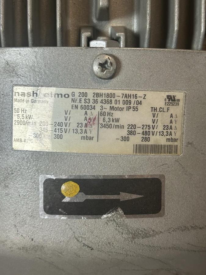 Used SIEMENS NASH ELMO,2BH1800-7AH16-Z,REGENERATIVE BLOWER 6.3KW 220-480V 3PH
