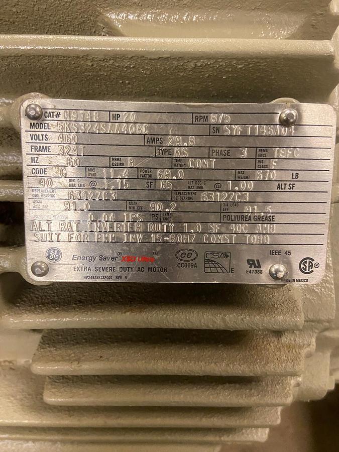 GE,M9748,20Hp Severe Inverter Duty Motor 875RPM 460V 324T