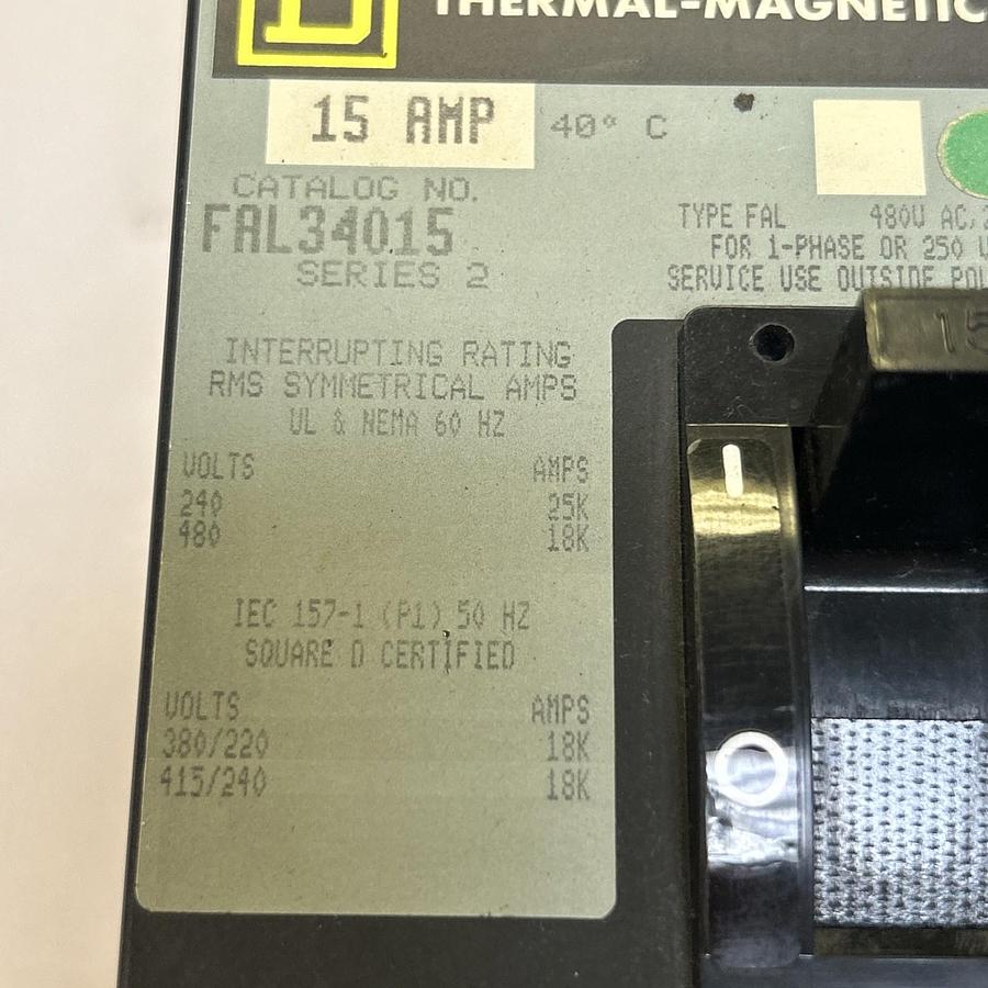 Used SQUARE D,FAL34015,CIRCUIT BREAKER 15A 480V 3P