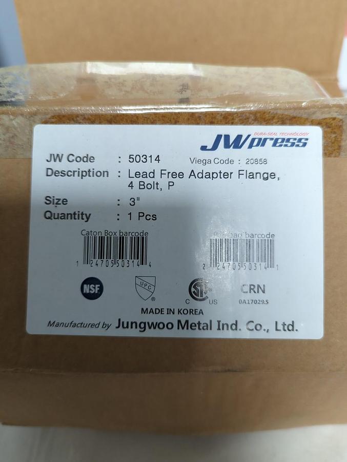 JUNGWOO METAL IND.,50314,LEAD FREE ADAPTER FLANGE 4-BOLT 3 INCH NOS
