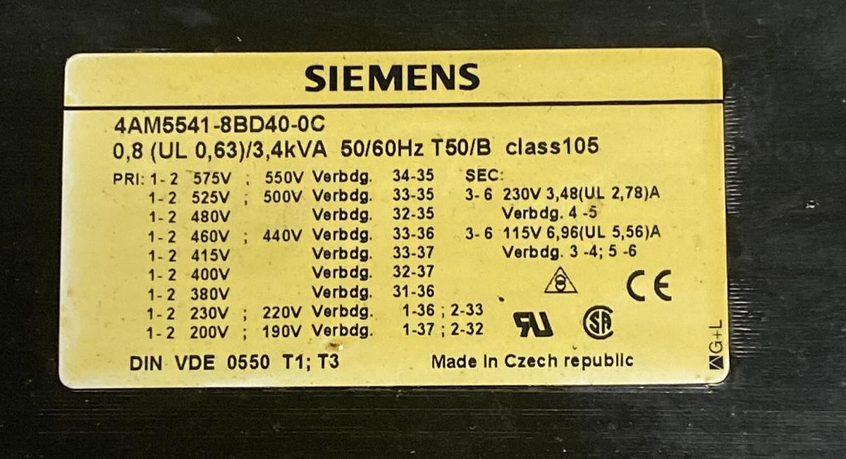 Used SIEMENS,4AM5541-8BD40-0CN2,CONTROL CIRCUIT TRANSFORMER 3.4KVA