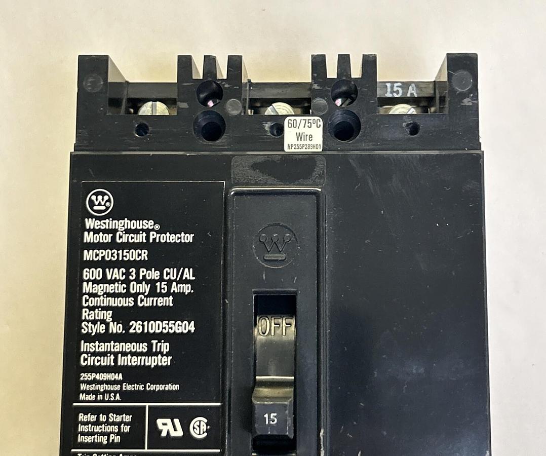 Used WESTINGHOUSE,MCP03150CR,CIRCUIT BREAKER 15A 600V 3P