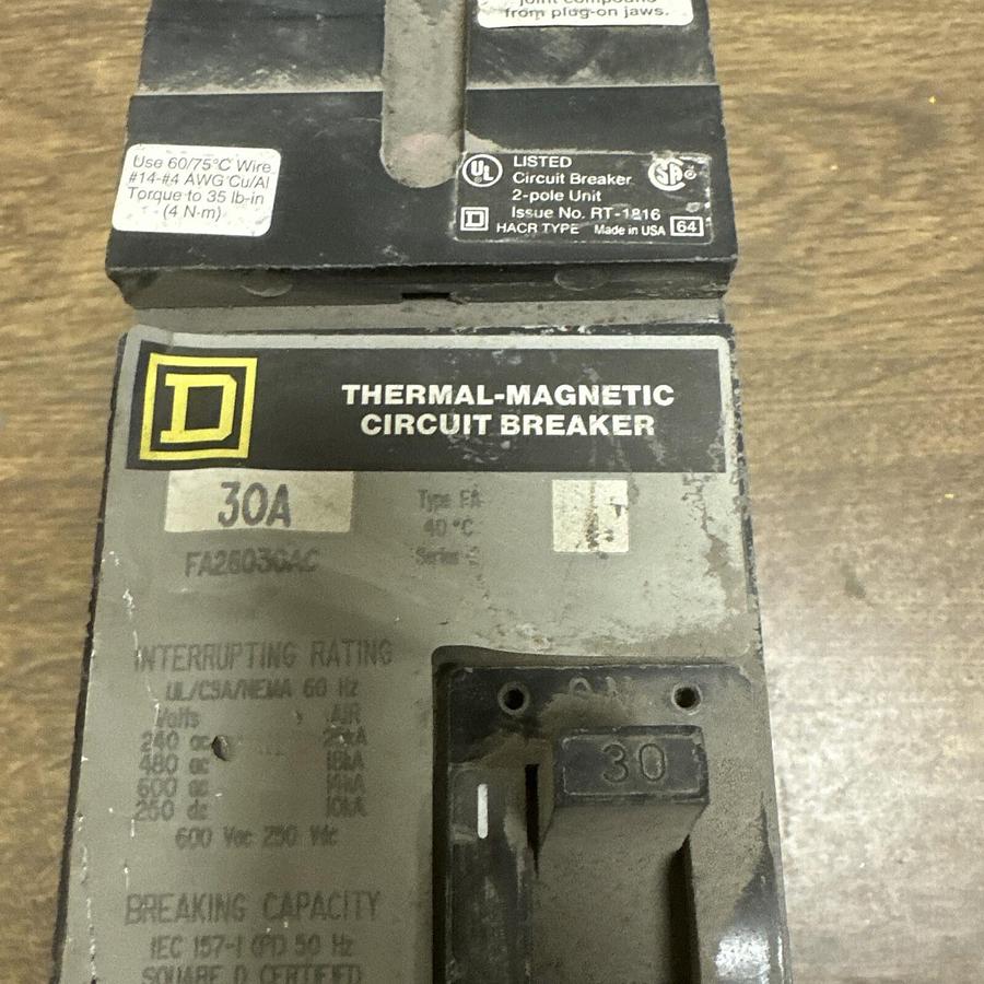 Used Square D,FA26030AC,240VAC 30AMP Circuit Breaker