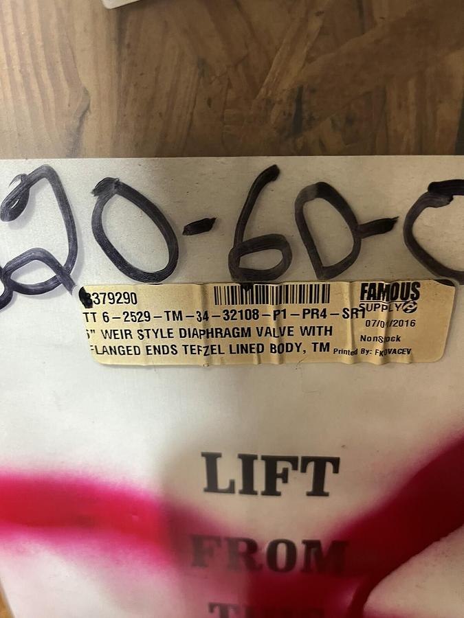 Used ITT,6-2529-TM-34-32108-P1-PR4-SR1,WEIR STYLE DIAPHRAGM VALVE 6"