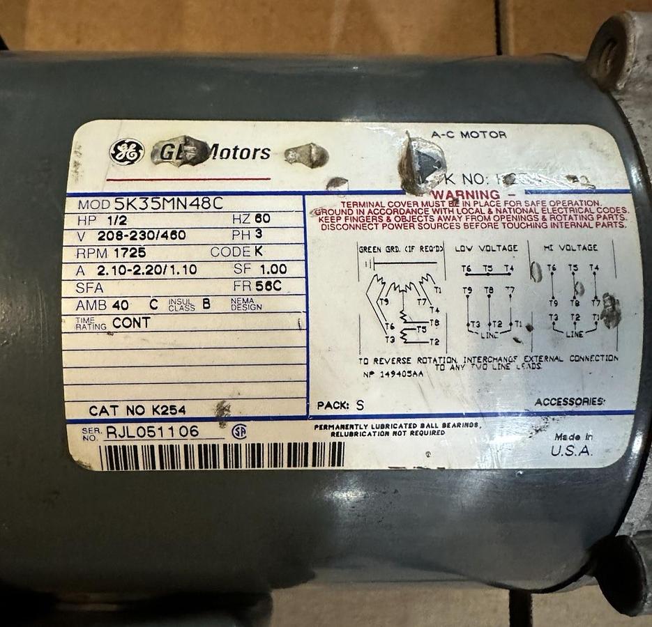 Used GE,5K35MN48C,1/2 HP 1725 RPM 3 PH 208-230/460V Fr 56C AC Motor