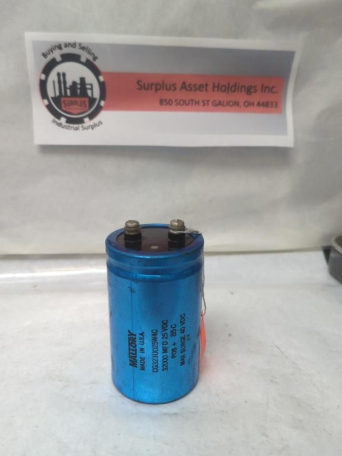 Used MALLORY,CG323UU025W4C,CAPACITOR 32000MFD 25 VDC PRE-OWNED