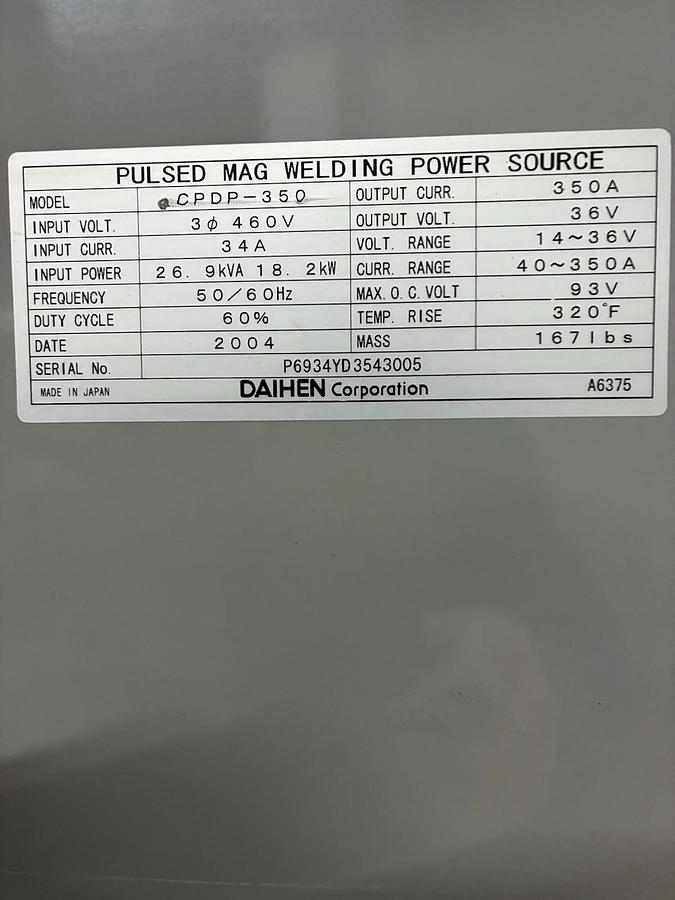 Used DAIHEN OTC,CPDP-350,TURBO PULSE 350DF WELDING WELDER POWER SOURCE 350A