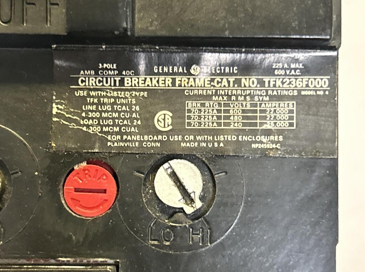Used GENERAL ELECTRIC,TFK236F000,CIRCUIT BREAKER 225A 600V 3P