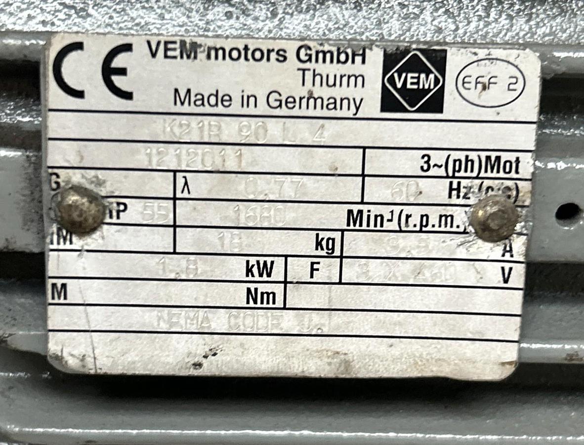 Used VEM MOTORS,K21R90L4,MOTOR 1.8KW 1680RPM 3PH
