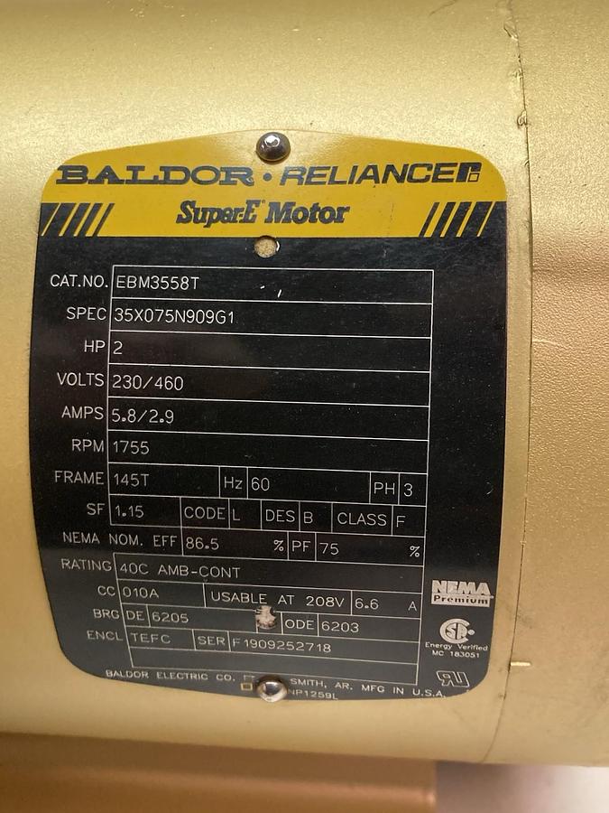 Used Baldor-Reliance,EBM3558T,AC Super-E Brake Motor 2HP 230/460V 60Hz 145T