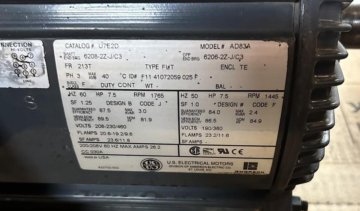 Used US MOTORS,U7E2D,AC MOTOR 7.5HP 208-230/460V 1765RPM 3PH 213T FRAME