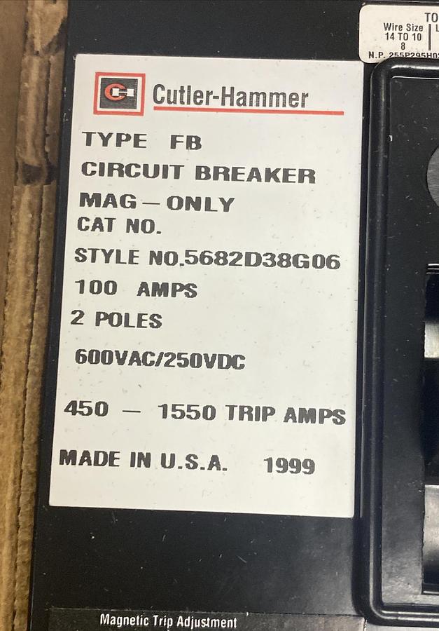 Cutler-Hammer,5682D38G06,Circuit Breaker Mag Only 100 Amp 2 Pole New