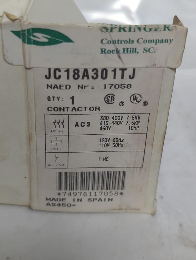 SPRINGER,JC18A301TJ,CONTACTOR 600V 32A MAX NOS