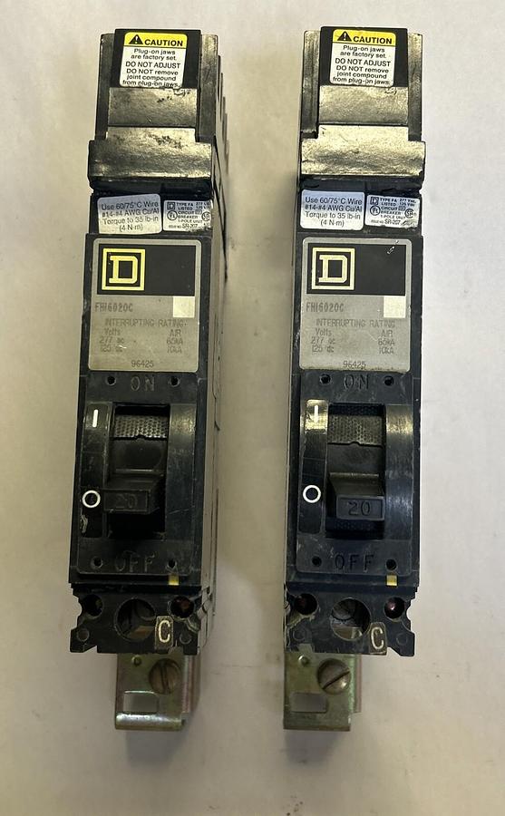 Used SQUARE D,FH16020C,I-LINE CIRCUIT BREAKER 20A 277V 1P LOT OF 2
