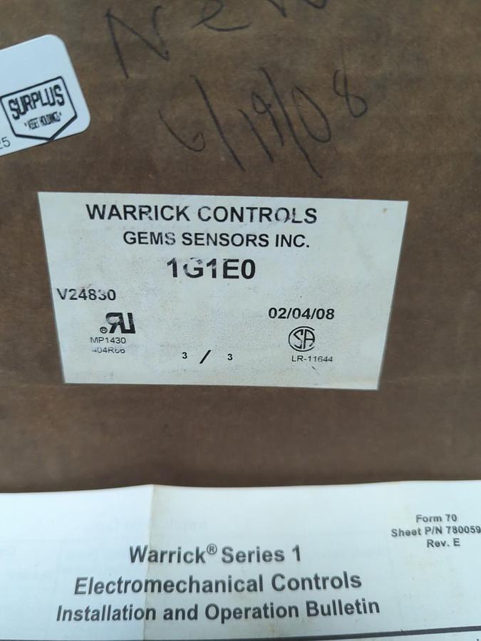 WARRICK CONTROLS,1G1E0,CONTROL RELAY 115V SEC-500V NOS
