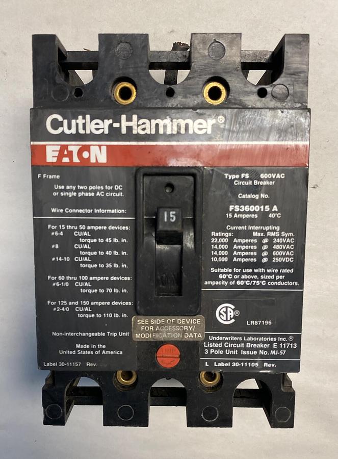 Used Cutler-Hammer,FS360015 A,Circuit Breaker 15AMP 600VAC 3 Pole