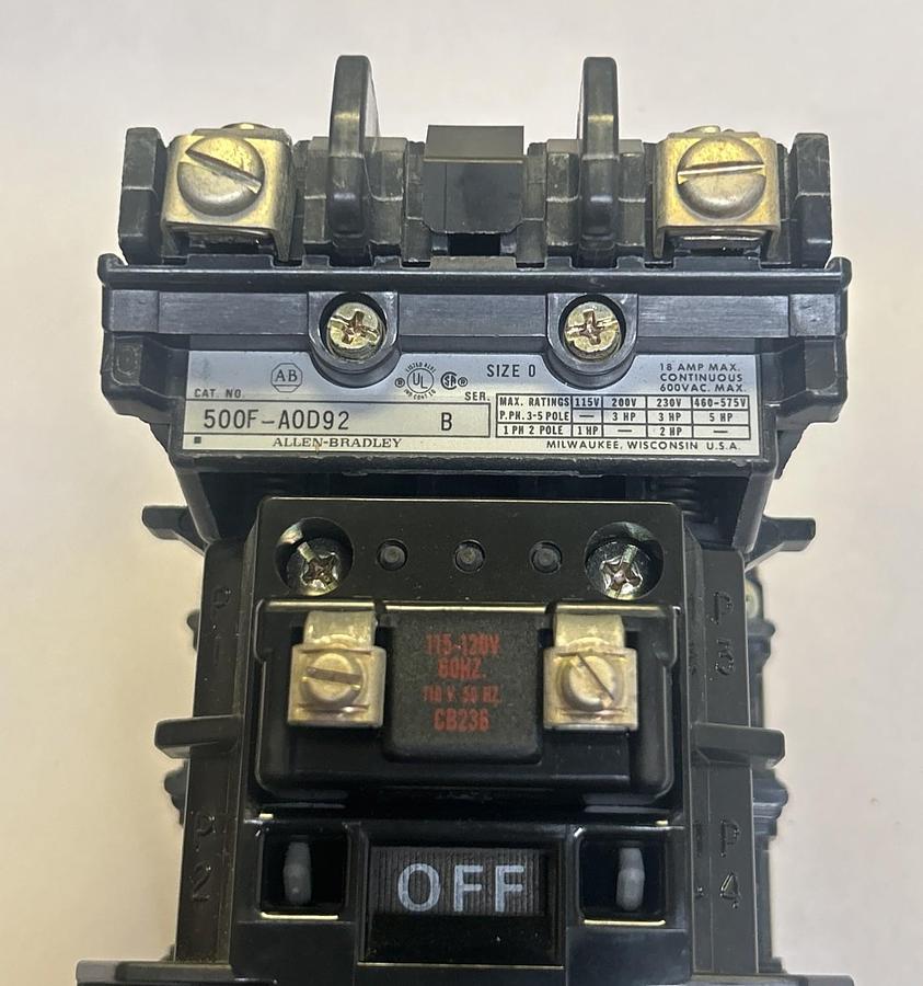 Used ALLEN BRADLEY,500F-A0D92,CONTACTOR SIZE 0 18A 600V