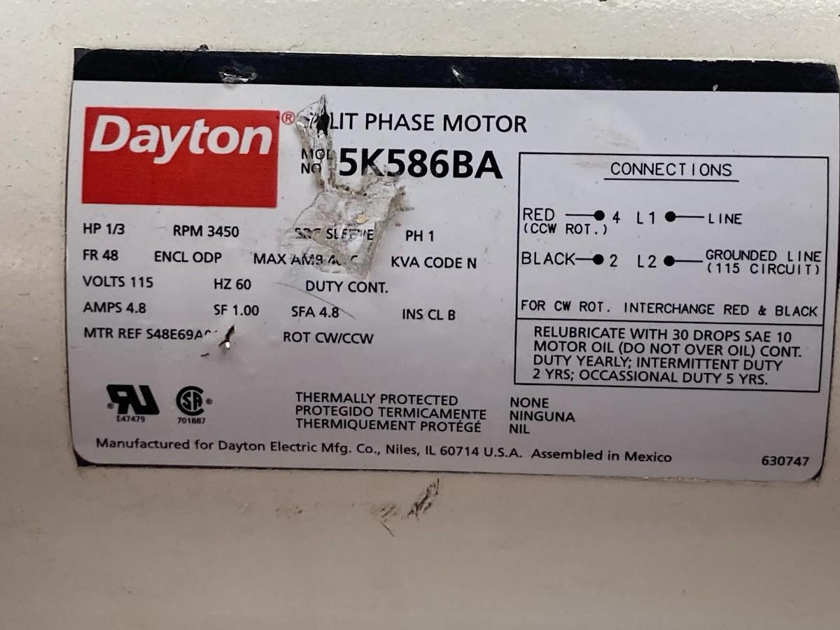 Used Dayton,5K586BA,Single Phase Motor 1/3 HP 3450RPM 115V 48