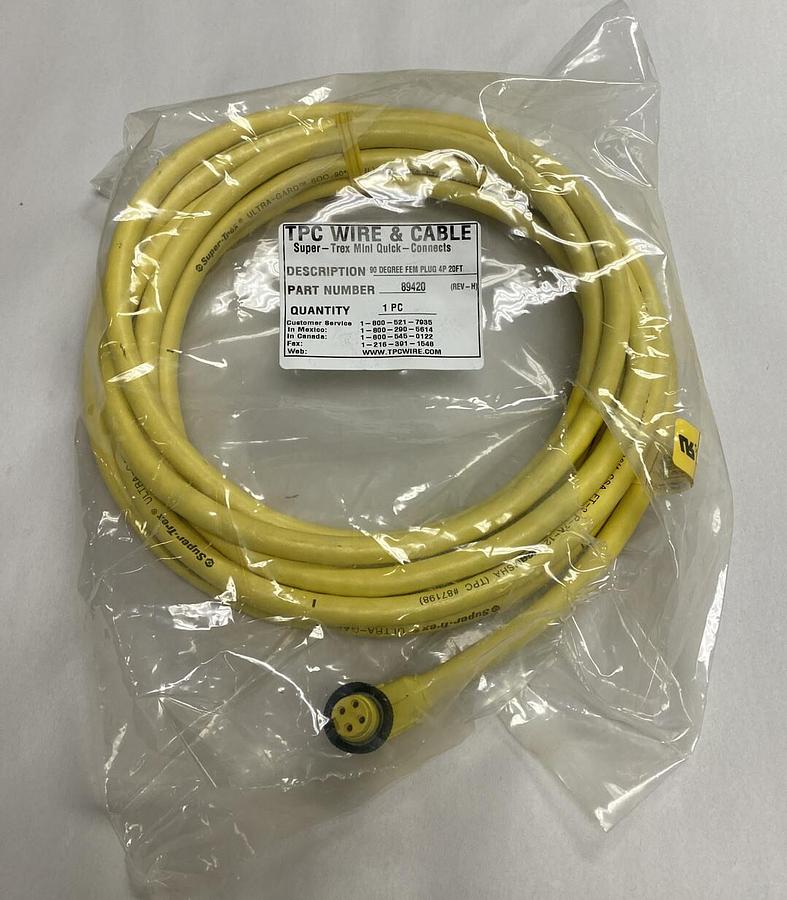 Used TPC Wire and Cable,89420,20Ft PLC Cable 4Pt 90deg FEM Plug NOS