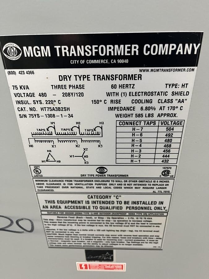 Used MGM,HT75A3B2SH,DRY TYPE 3PH TRANSFORMER 75KVA HV 480V LV 208Y/120V