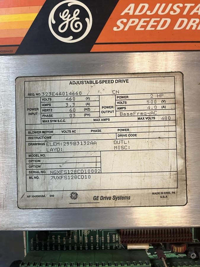 Used GE,7VXFS128CD10,ADJUSTABLE SPEED DRIVE VFD 2HP 460V 3PH VARIABLE FREQUENCY