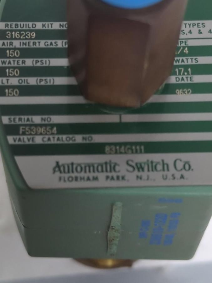 Used ASCO,8314G111,SOLENOID 1/4 INCH 17.1 WATTS PRE-OWNED