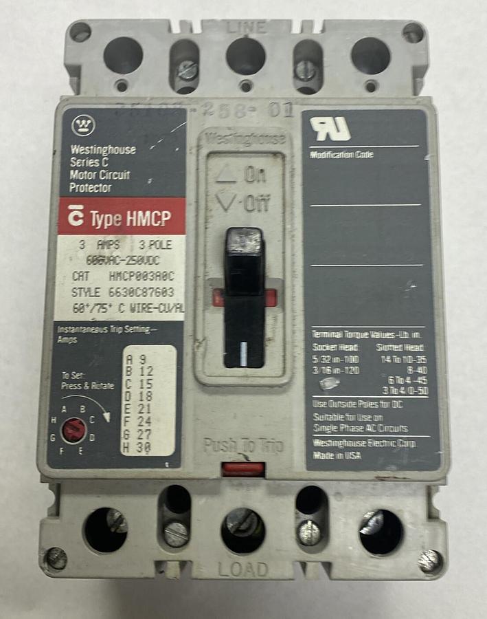 Used WESTINGHOUSE,HMCP003A0C,CIRCUIT BREAKER 3A 600V 3 POLE