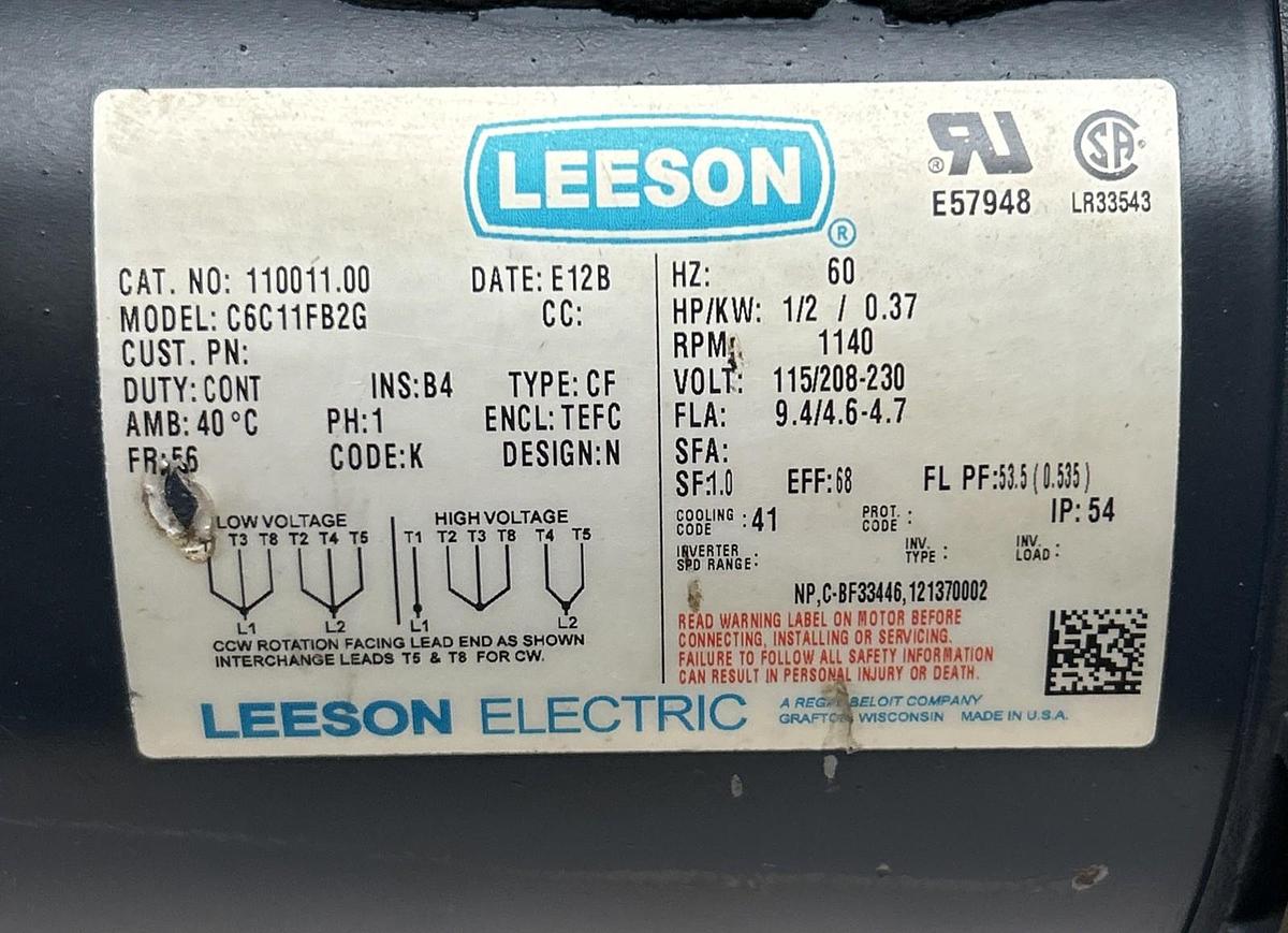 LEESON,110011.00,BRAKE MOTOR 1/2HP 1140RPM 115/208-230V 1PH 56 FRAME