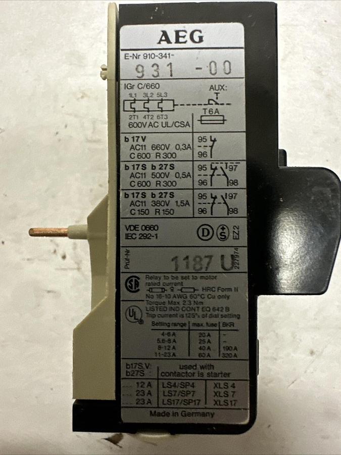 Used AEG,910-341-931-00,Thermal Overload Relay 16A (G018)