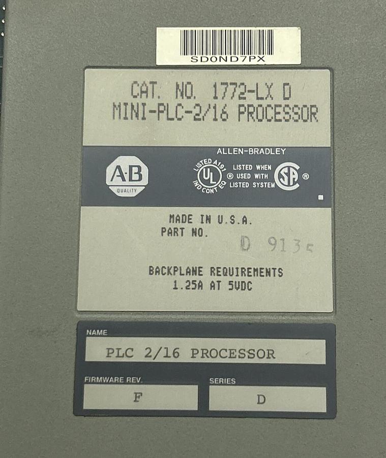 Used ALLEN BRADLEY,1772-LX,SER D MNI PLC 2/16 PROCESSOR