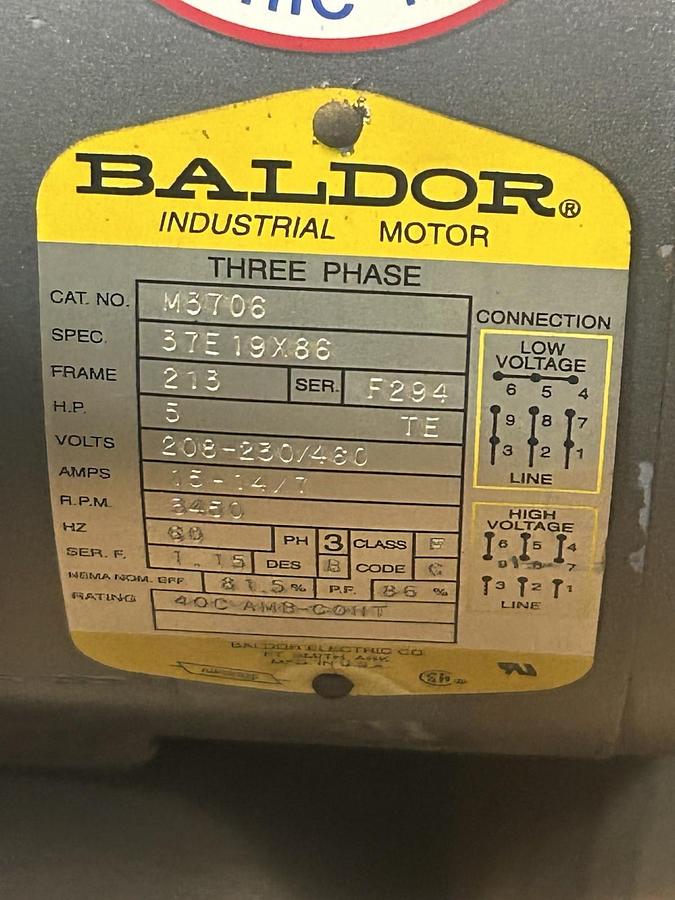 Used BALDOR,M3706,INDUSTRIAL MOTOR 5HP 208-230/460V 3450RPM 3PH 213 FRAME