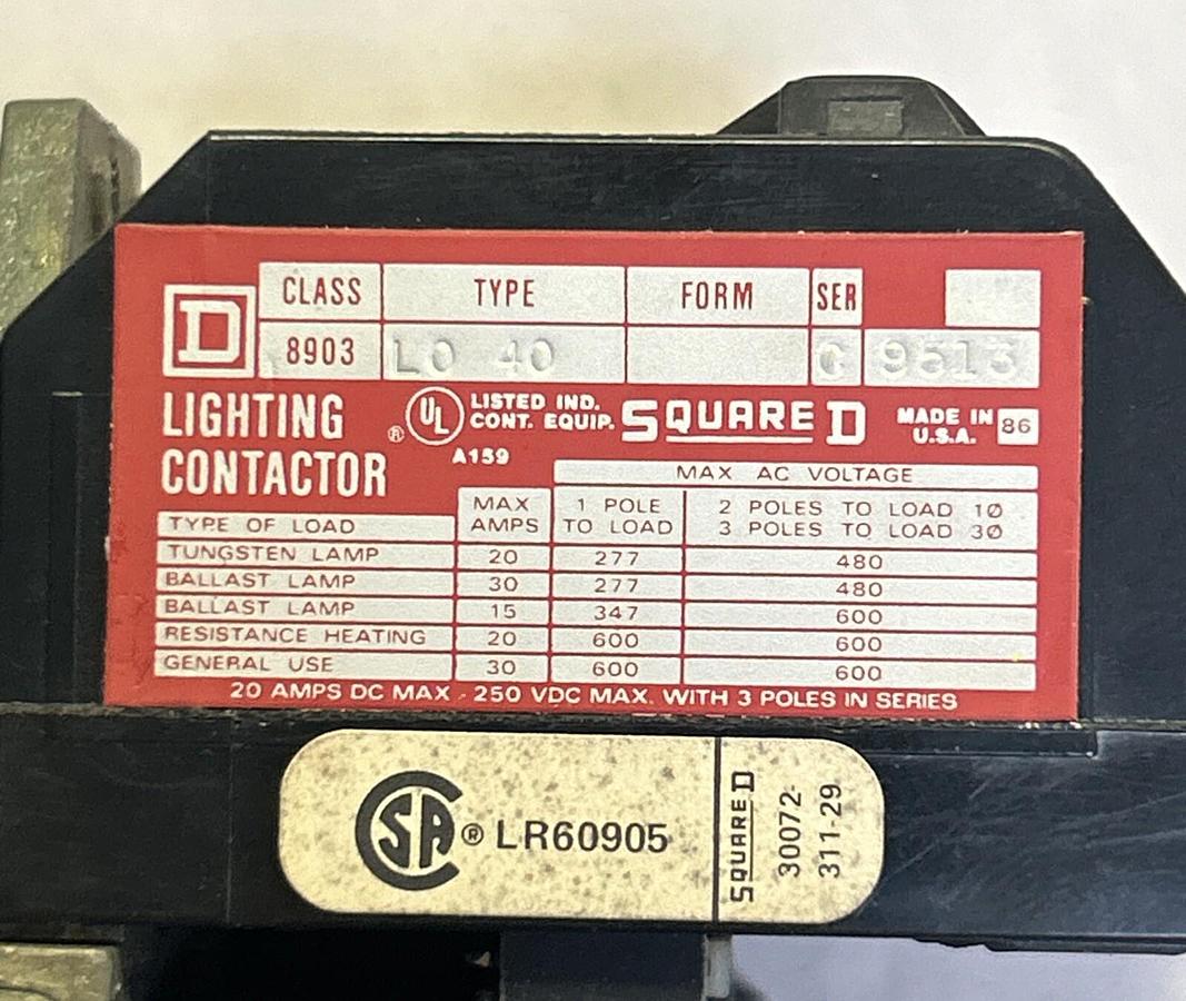 Used SQUARE D,8903L040,LIGHTING CONTACTOR