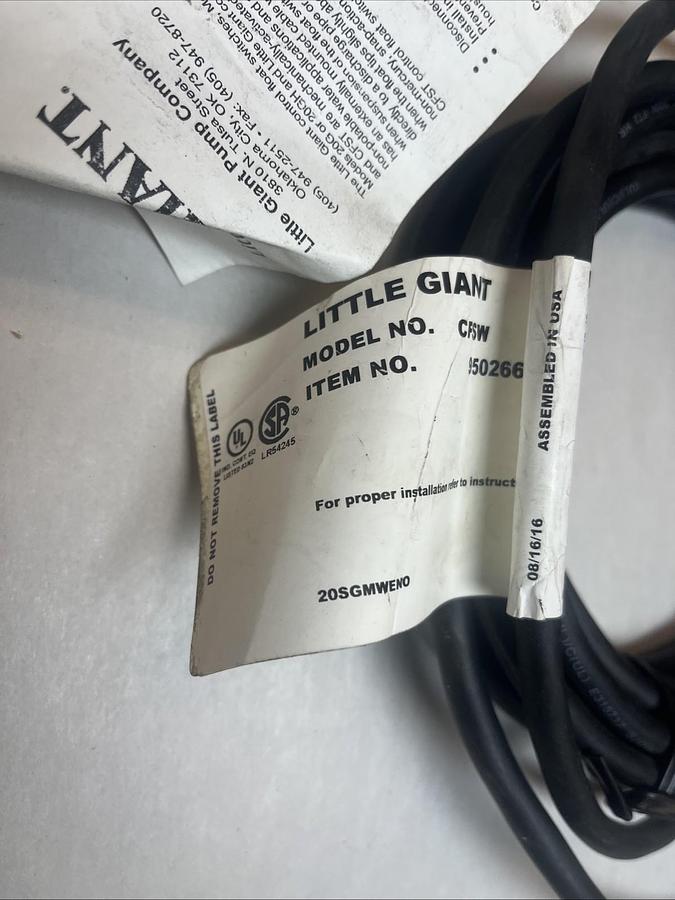 LITTLE GIANT,950266,CONTROL FLOAT SWITCH CFSW 125/250VAC 20FT CORD
