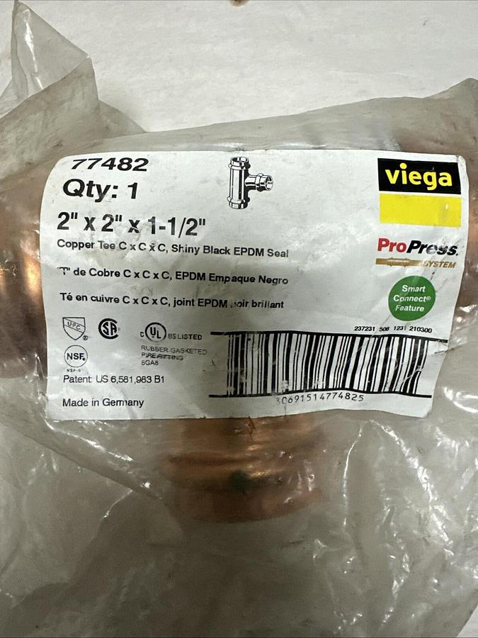 Used Viega,77482,2"x2"x1-1/2" Copper Tee