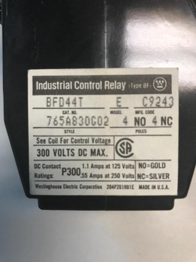 Westinghouse,BFD44T,Control Relay 300V Style 765A830G02