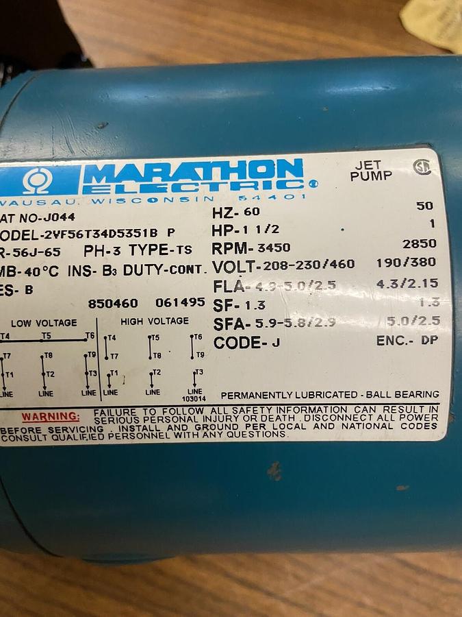 Used Ingersoll Dresser,1.25x1x5,Jet Pump Marathon 1.5Hp 3450RPM 208-230/460V Motor