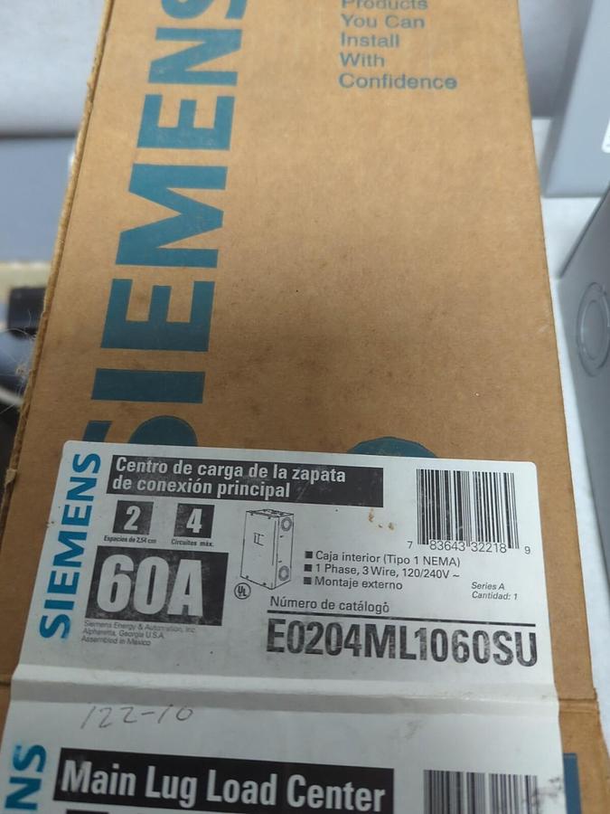 SIEMENS,E0204ML1060SU,MAIN LUG CENTER 1-PHASE 3-WIRE 120/240V NOS