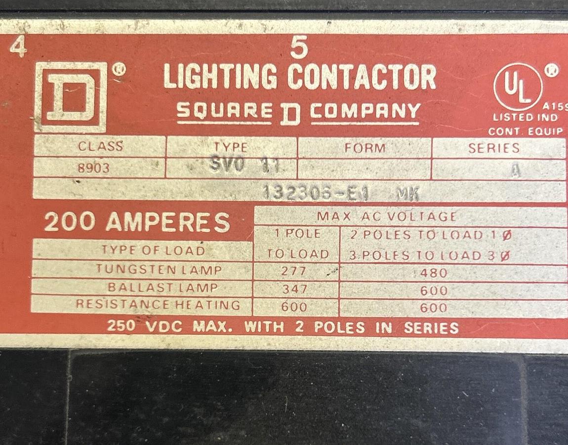 Used SQUARE D,8903SV011,LIGHTING CONTACTOR 200A 600V