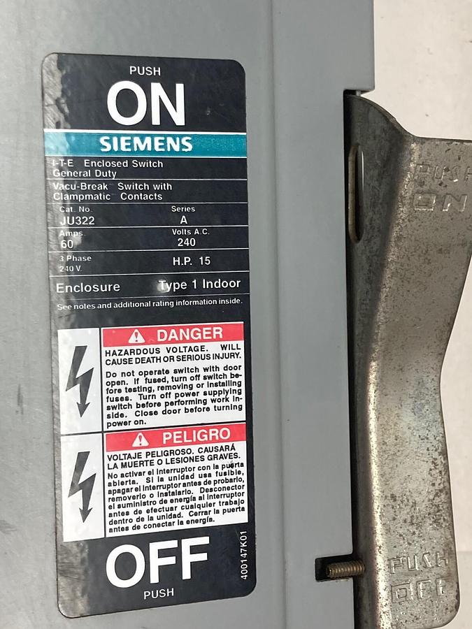 Used Siemens,JU-322,ITE Enclosed Switch 60A 240VAC Type 1