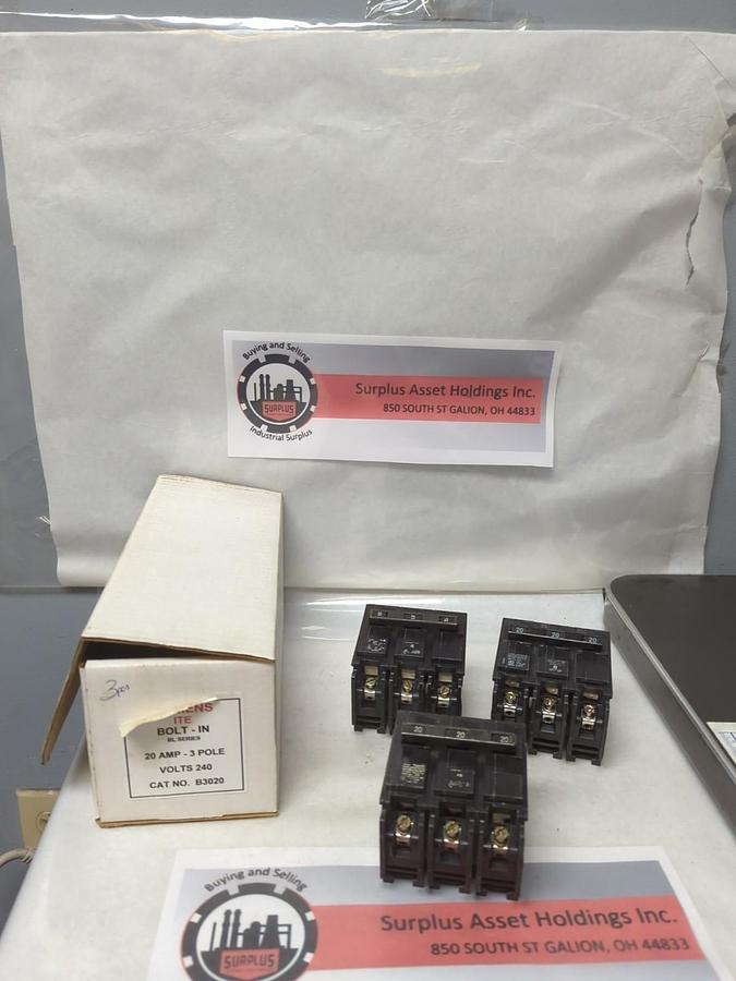 Used SIEMENS,B3020,CIRCUIT BREAKER 20 AMP 3-POLE LOT OF 3 PRE-OWNED