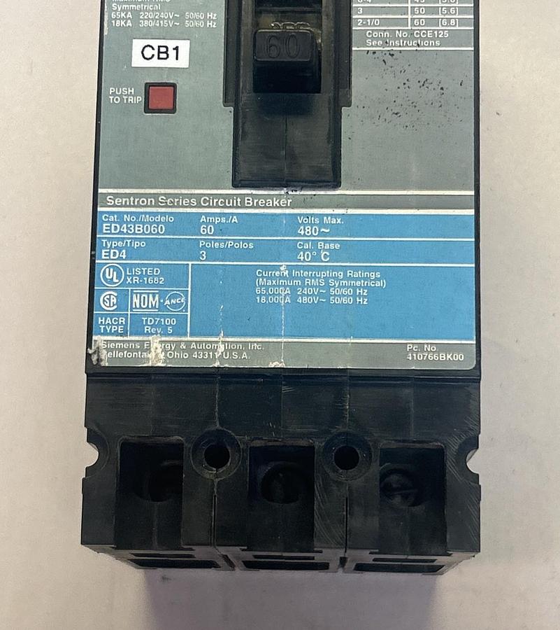 Used SIEMENS,ED43B060,CIRCUIT BREAKER 60A 480V 3P