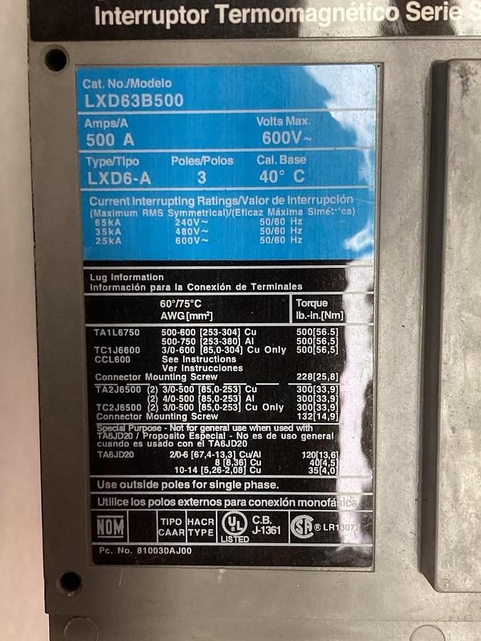 Used Siemens,LXD63B500,3-Pole Circuit Breaker 500A 600V