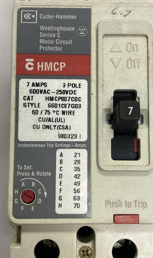 Used CUTLER-HAMMER WESTINGHOUSE, HMCP007CDC,CIRCUIT BREAKER 7A 600V 3P