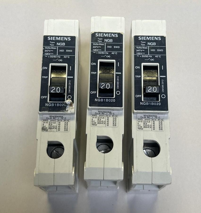 Used SIEMENS,NGB1B020,CIRCUIT BREAKER 20A 347V 1P LOT OF 3