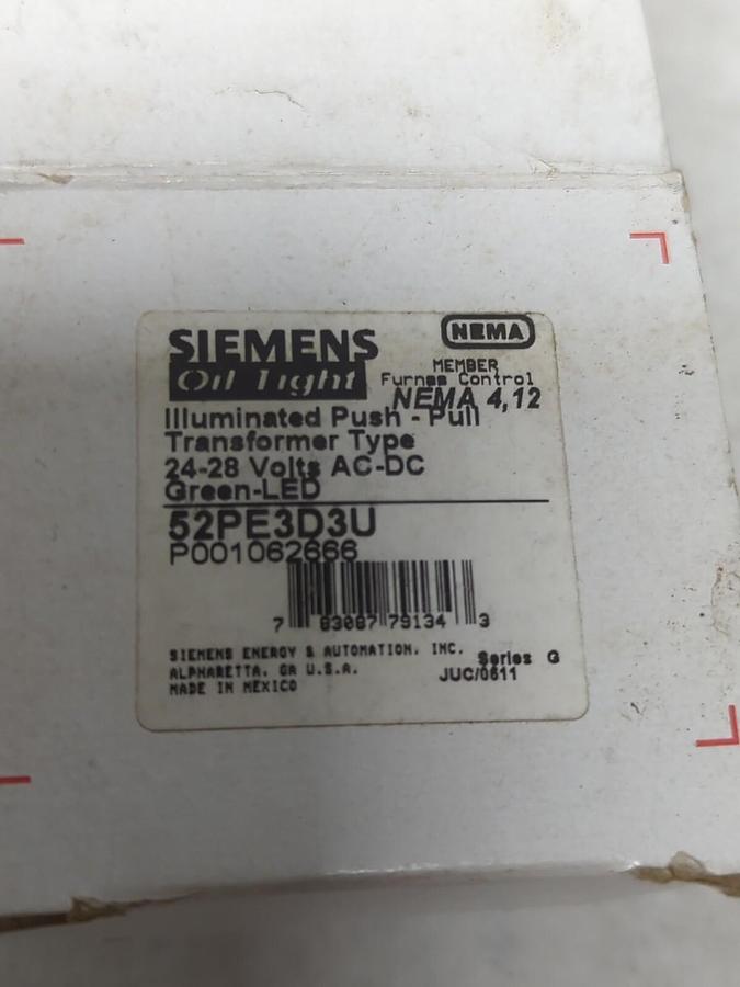 SIEMENS,52PE3D3U,OIL TIGHT ILLUMINATED PUSH-PULL BUTTON GREEN NOS