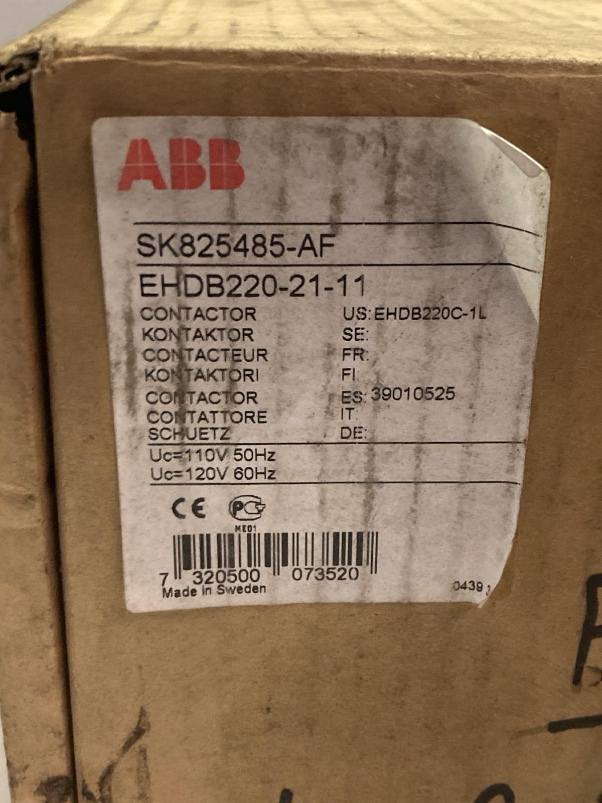 Used ABB,SK825485-AF,Contactor 600VDC 220A EHDB 220 (without Coil)
