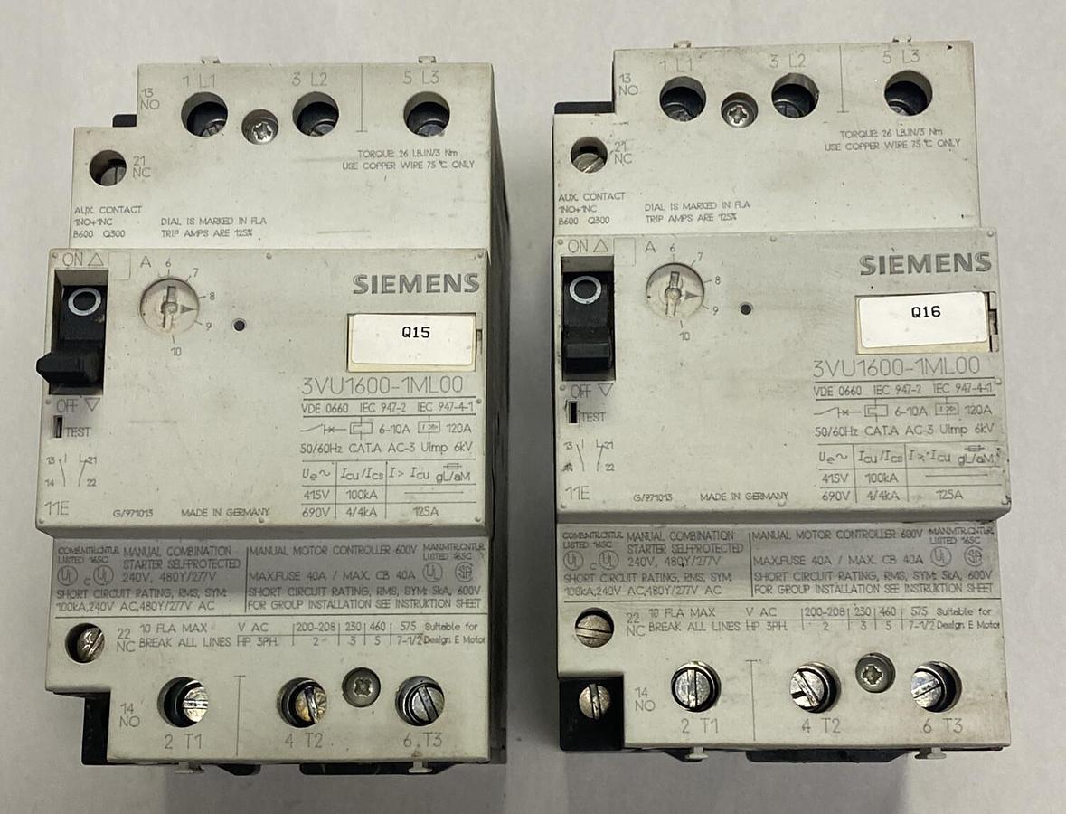 Used SIEMENS,3VU1600-1ML00,MOTOR STARTER PROTECTOR 6-10A 3P LOT OF 2
